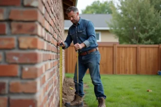 Homme mesurant une propriété avec une règle dans un jardin