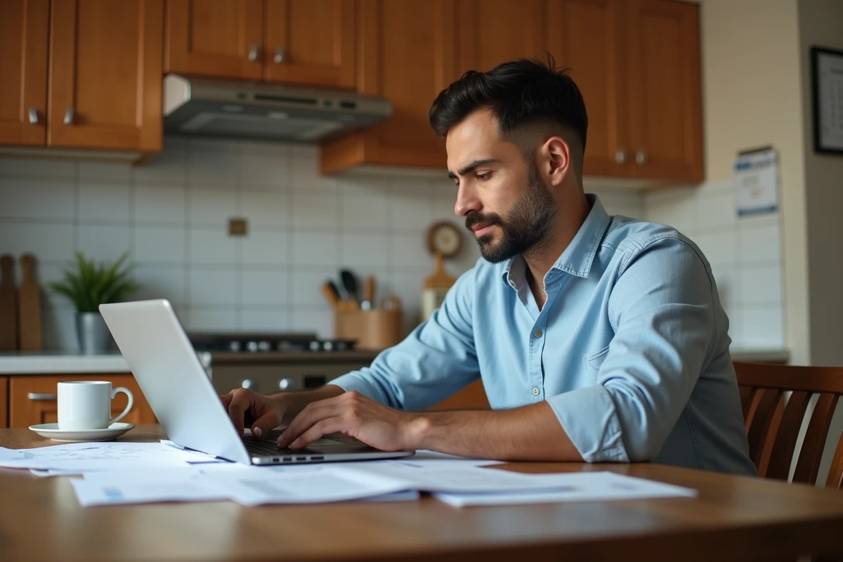Homme à la maison compare taux hypothécaire sur son laptop