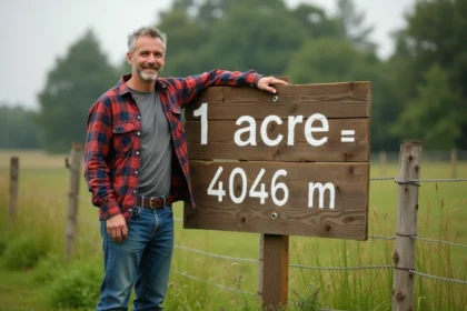 Homme debout près d'un panneau indiquant 1 acre en plein air