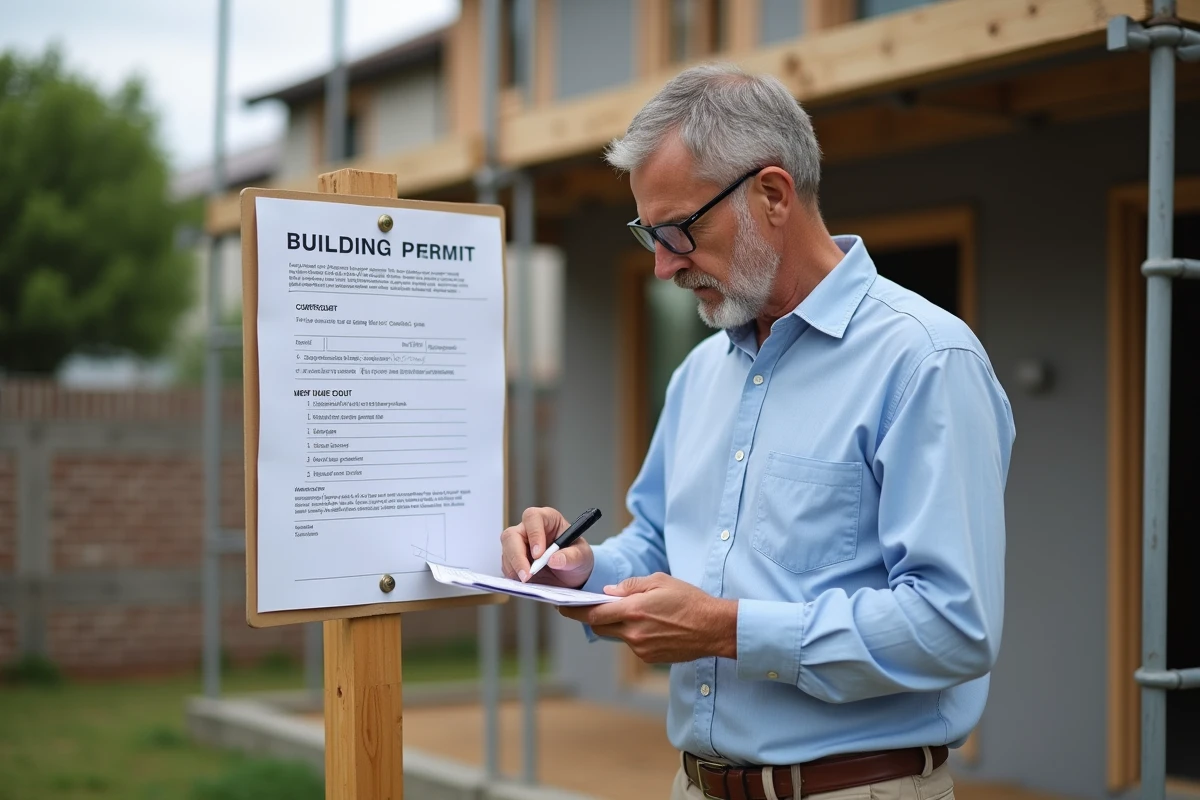 Homme remplissant un panneau de permis de construire devant un chantier résidentiel