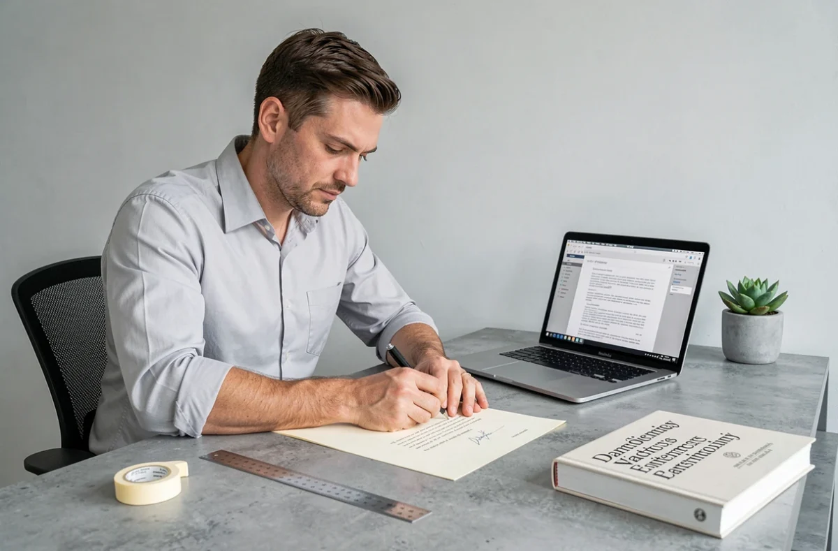 Homme rédigeant une lettre formelle à un notaire dans un bureau moderne à domicile avec ordinateur portable et documents juridiques