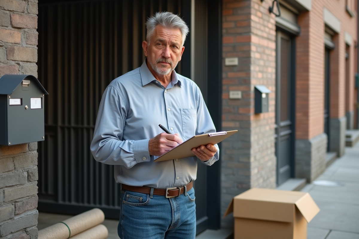 Homme d age remplissant un formulaire de location dehors