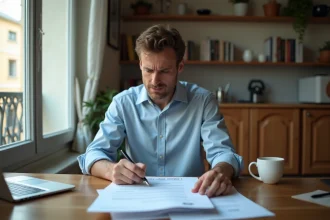 Homme seul examinant des documents de crédit immobilier dans un appartement, illustrant le paiement individuel d'un prêt en indivision