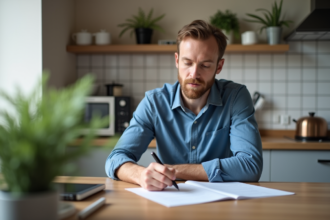 Homme signant un formulaire d energie dans la cuisine