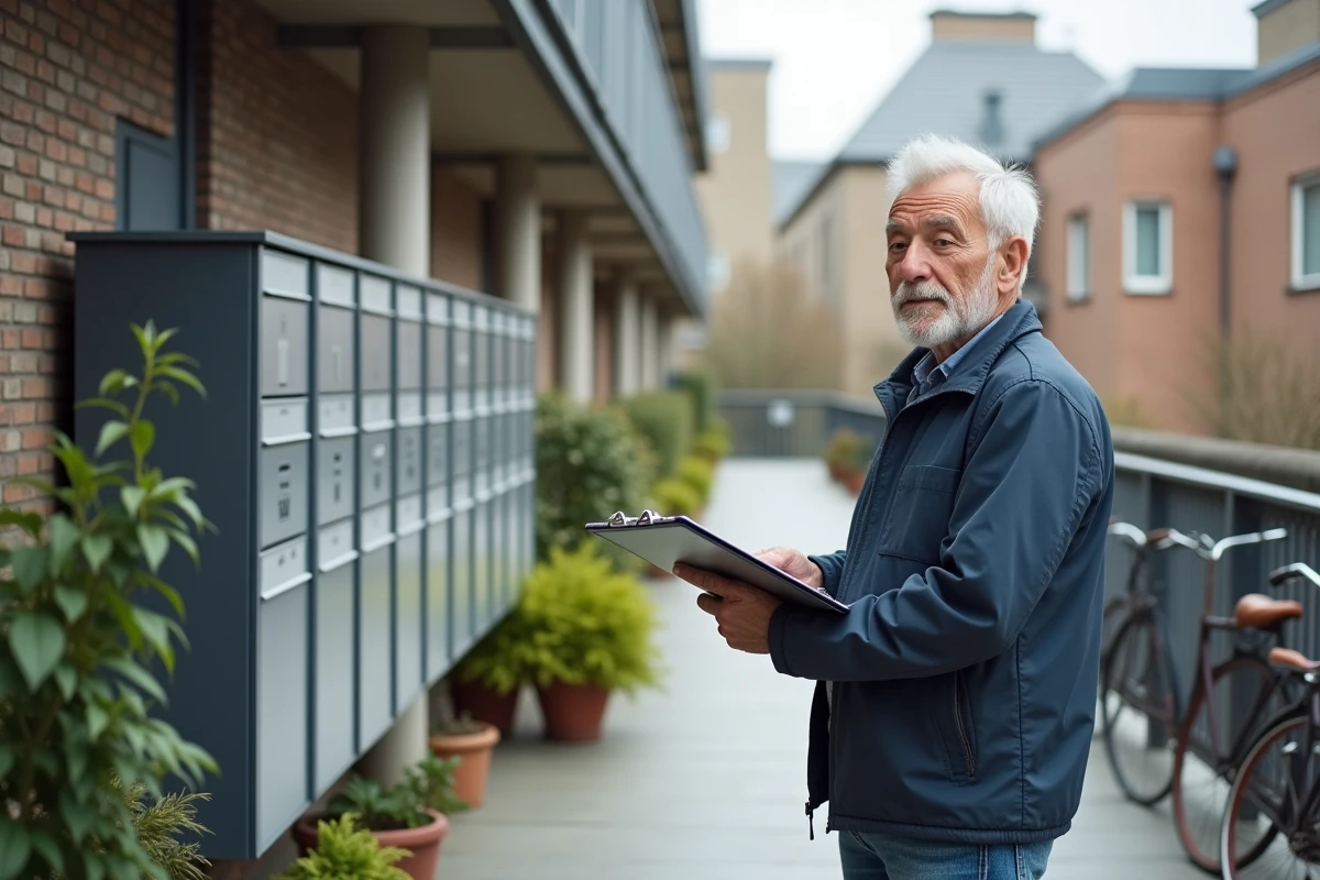Homme senior sur terrasse urbaine observant les boîtes aux lettres