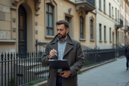 Homme d'âge moyen devant un immeuble urbain avec documents