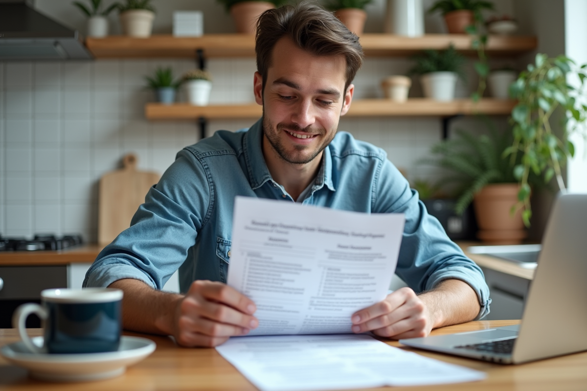 Jeune homme vérifiant une attestation de location dans une cuisine