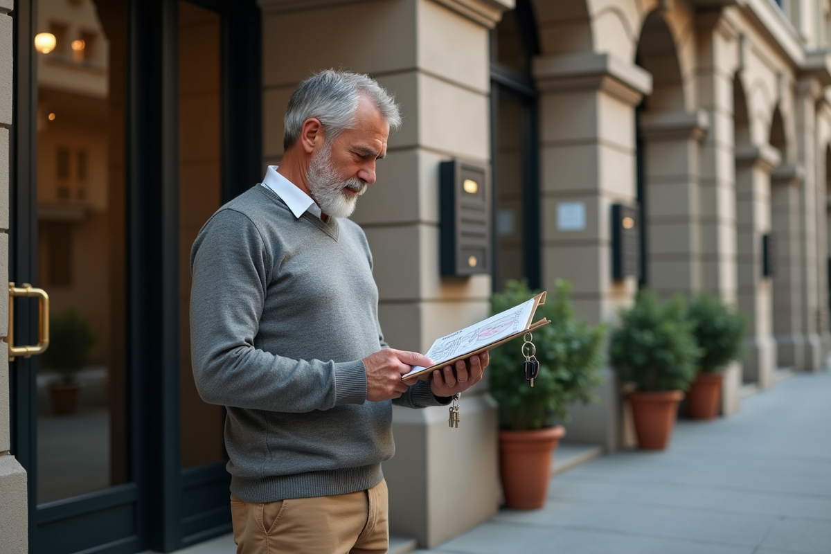 Homme vérifiant des chiffres devant un immeuble en ville