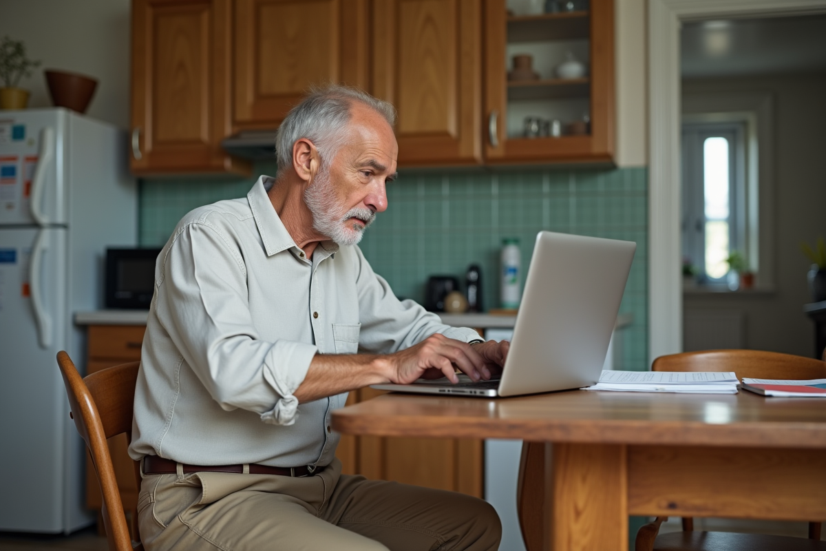 Homme plus age remplit un formulaire de degats dans une cuisine