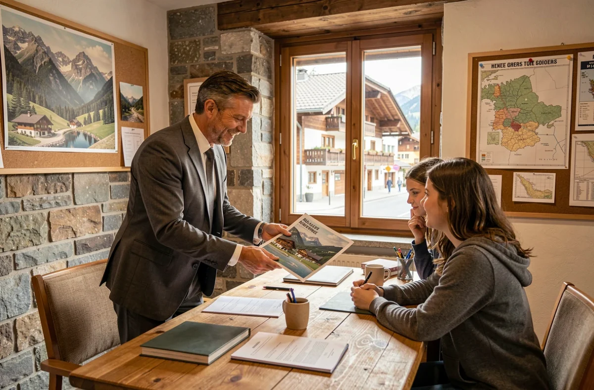 Conseiller immobilier d'Immobilier de France Savoie présentant des biens à un couple dans une agence aux accents savoyards