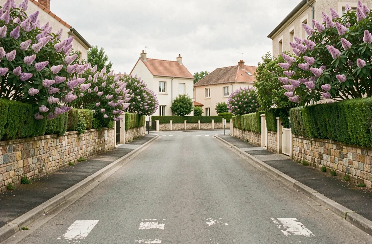 Vue en enfilade d'une impasse résidentielle calme bordée de haies et de maisons pavillonnaires dans le secteur d'Aix Villemaur Pâlis