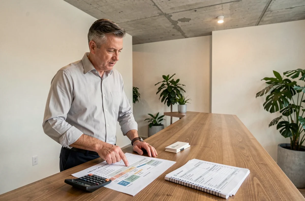 Conseiller immobilier expliquant l'indice ICC de l'INSEE sur un document imprimé dans un bureau de gestion locative