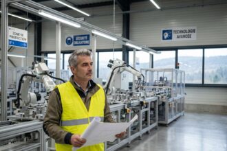 Ingénieur en usine moderne avec planche à la main