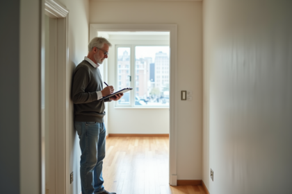 Homme d'âge moyen inspectant un appartement vide avec un clipboard