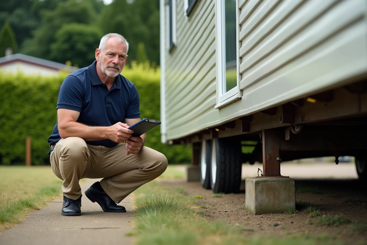Inspecteur vérifiant la structure et le châssis d'un mobil-home lors d'un contrôle de conformité loi ALUR