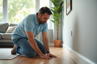 Homme hispanique inspectant des plinthes blanches dans un appartement lumineux