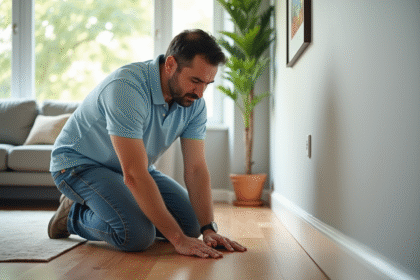Homme hispanique inspectant des plinthes blanches dans un appartement lumineux