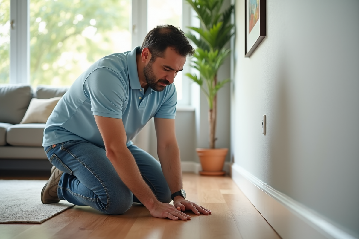 Homme hispanique inspectant des plinthes blanches dans un appartement lumineux