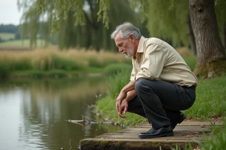 Homme examinant les berges et la végétation d'un étang privé avant achat pour la pêche de loisir