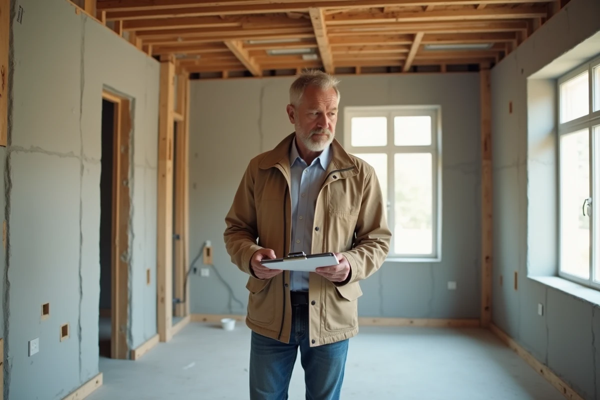 Expert immobilier inspectant l'intérieur d'une maison construite par un particulier
