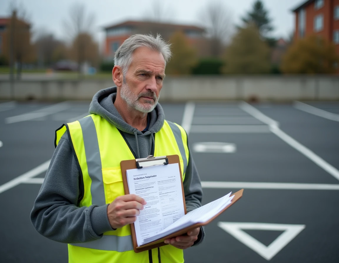 Urbaniste inspectant les marquages au sol d'un parking commercial pour vérifier la conformité des dimensions réglementaires