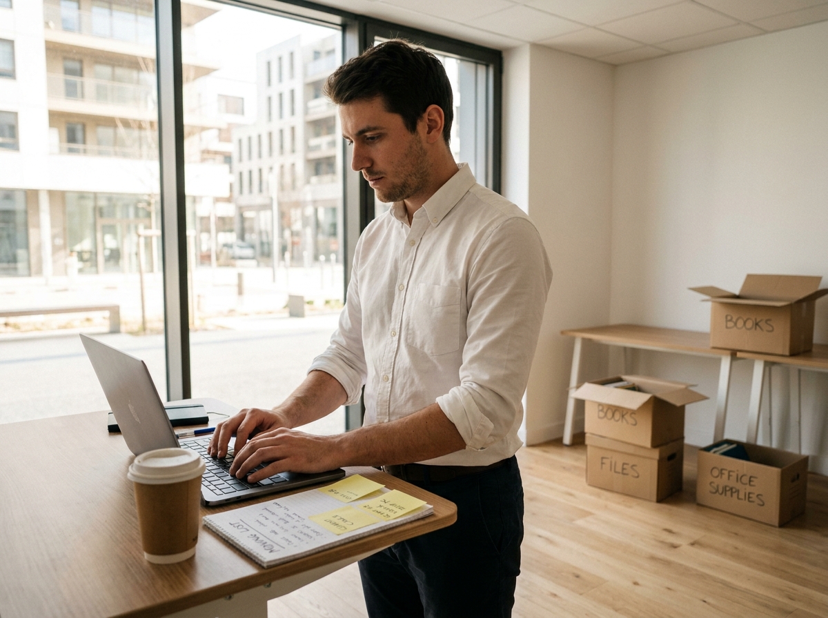 Jeune professionnel installant son bureau dans un nouvel espace de travail rénové avec vue sur Lyon Confluence