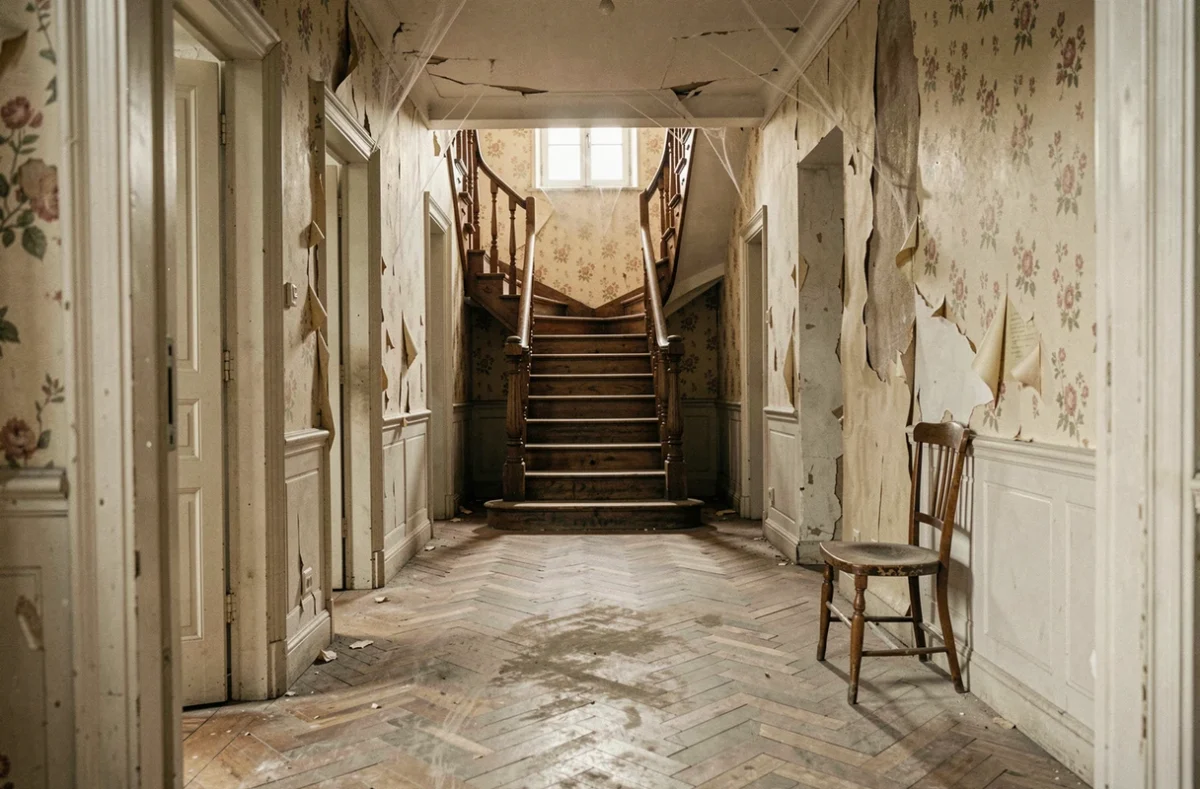 Intérieur d'une maison abandonnée avec parquet ancien et papier peint décollé à vendre en Île-de-France