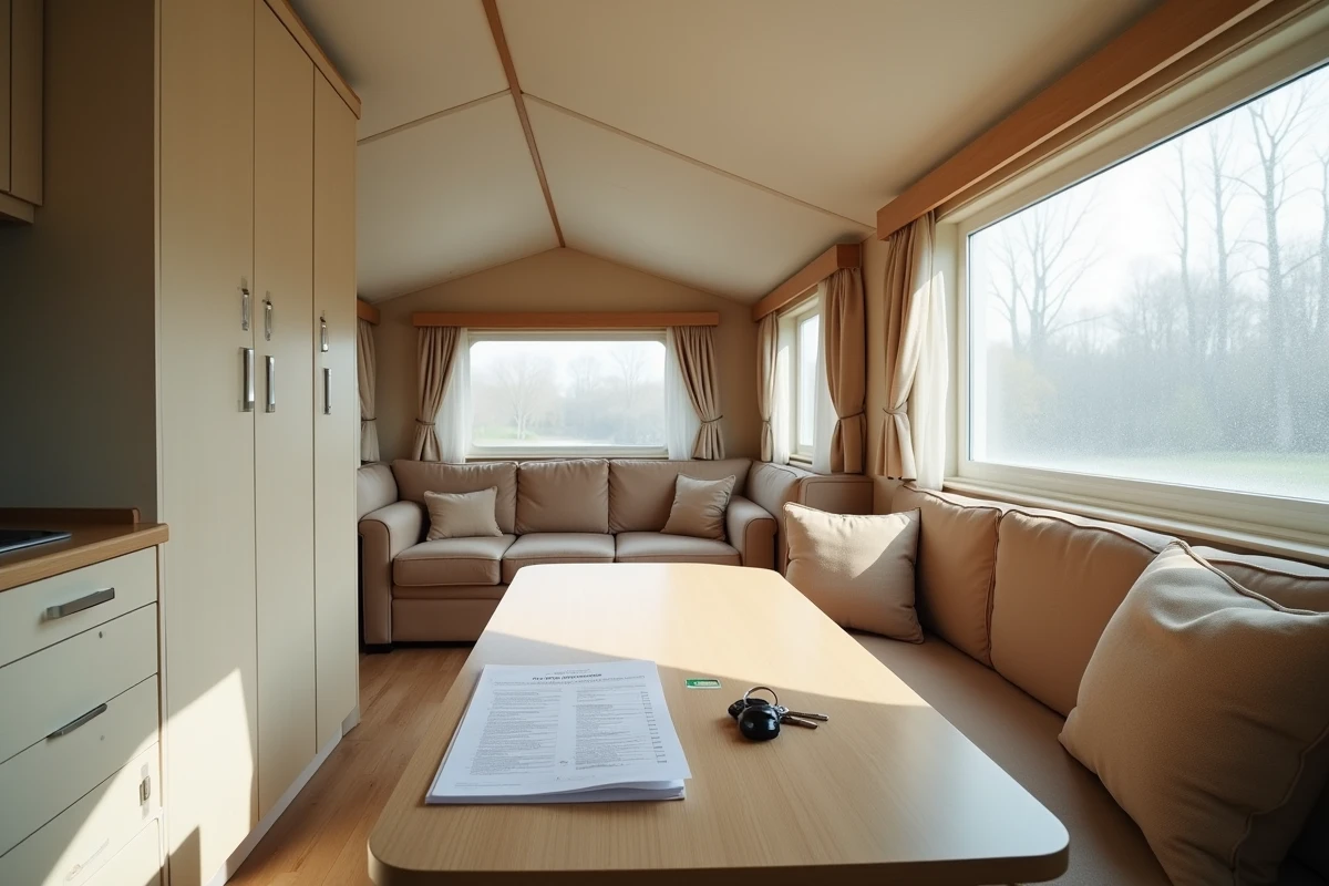 Intérieur d'un mobil-home d'occasion en camping ouvert à l'année avec checklist de visite sur la table