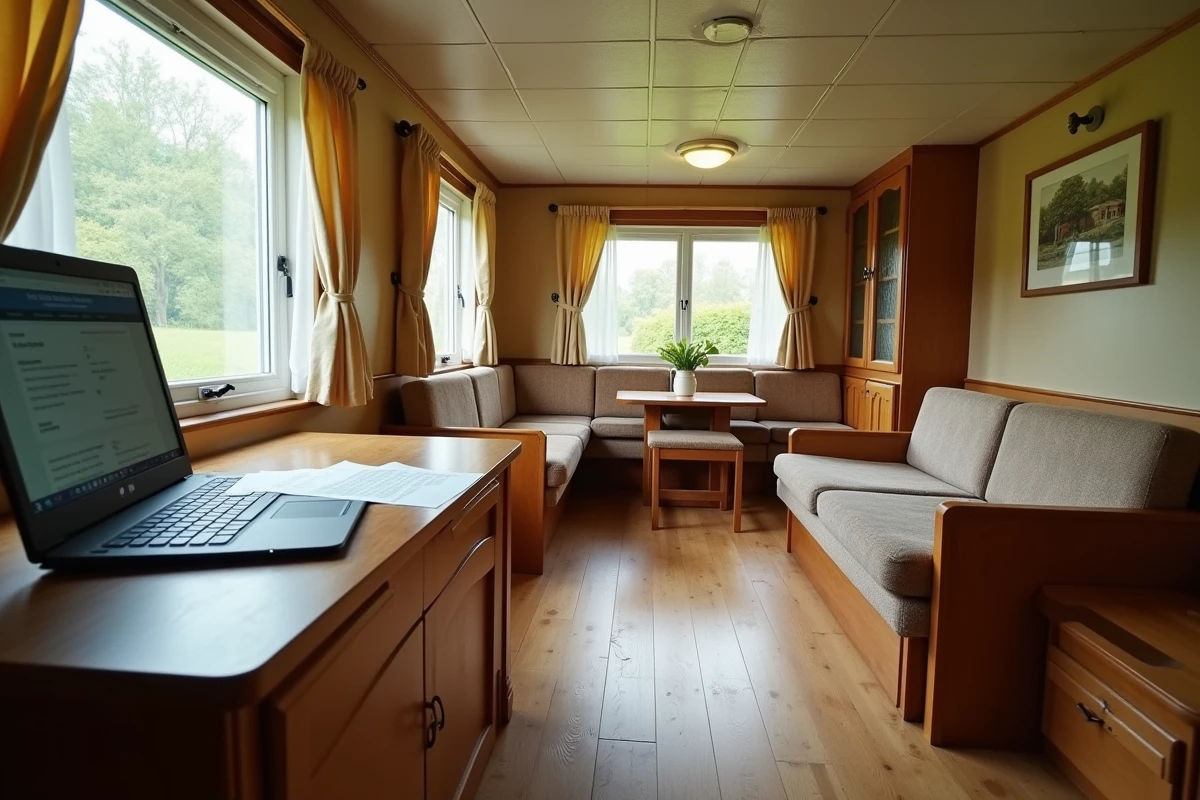 Intérieur vieilli d'un mobil-home avec mobilier daté et documents sur la rentabilité et la réglementation affichés sur un ordinateur portable