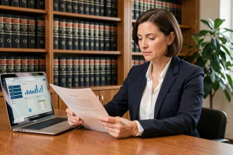 Investisseuse professionnelle en blazer marine analysant des documents légaux liés à une plateforme d'investissement immobilier comme KALIMMO