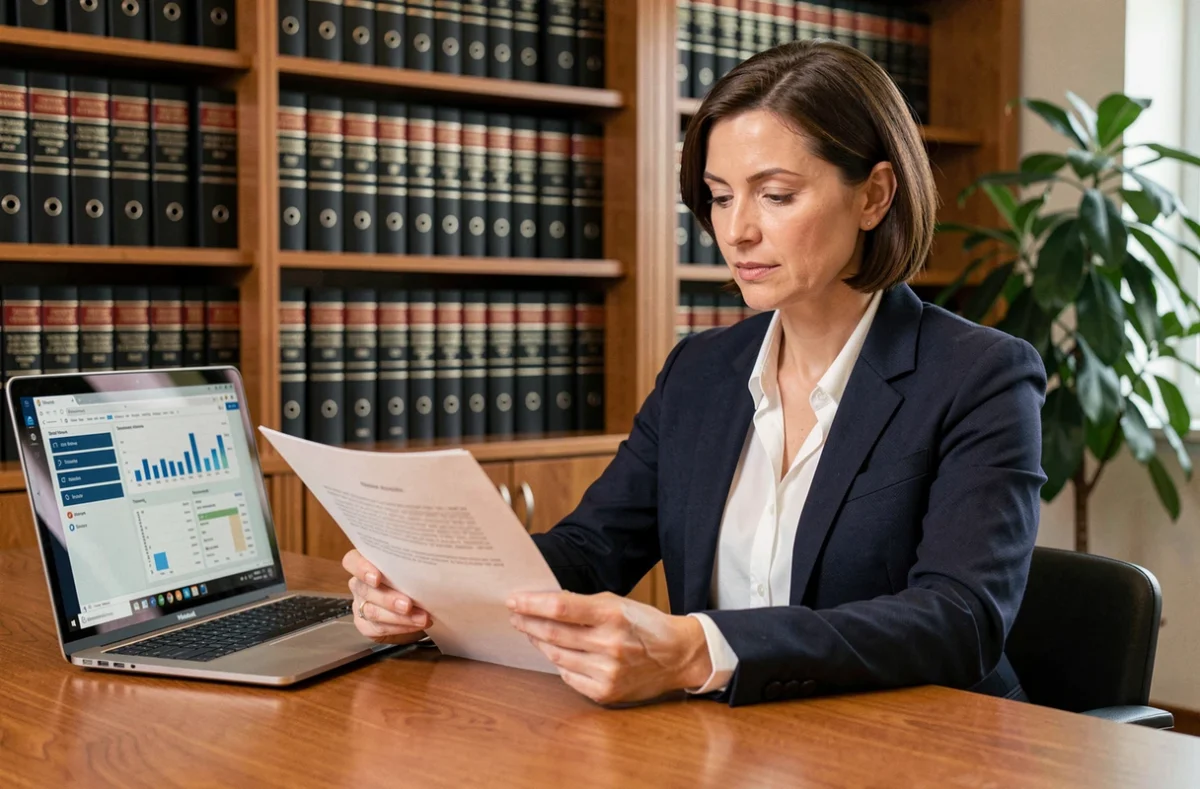 Investisseuse professionnelle en blazer marine analysant des documents légaux liés à une plateforme d'investissement immobilier comme KALIMMO