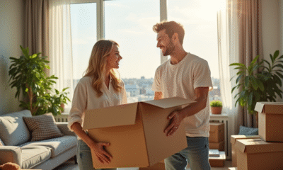 Jeune couple heureux déballant des cartons dans un salon lumineux