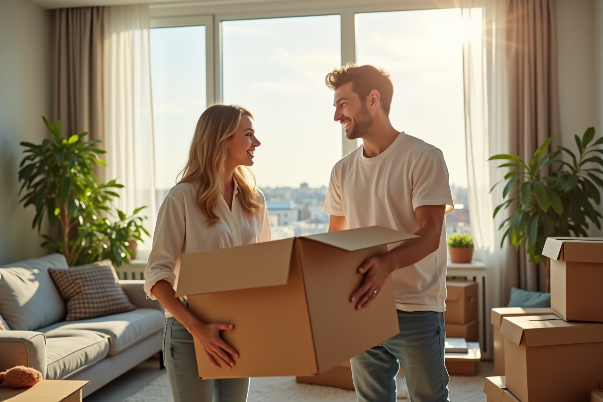 Jeune couple heureux déballant des cartons dans un salon lumineux