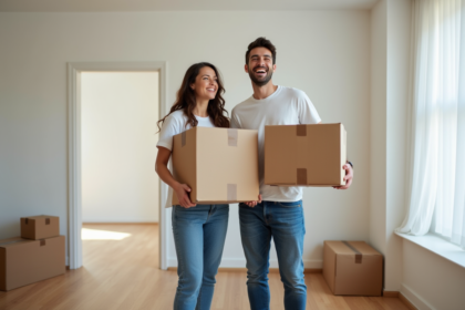Jeune couple avec cartons dans un appartement moderne