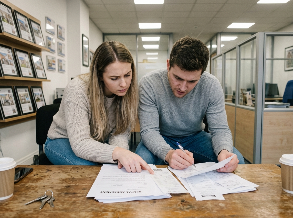 Jeune couple examinant des documents immobiliers dans une agence