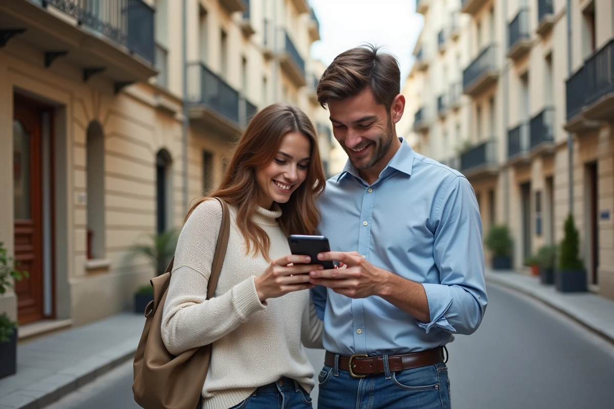 Jeune couple regardant leur smartphone devant un immeuble à Lyon