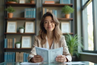 Jeune femme en blazer examine un brochure de diplomas immobilier