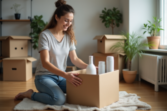 Jeune femme emballant des objets de cuisine dans un appartement moderne
