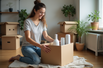 Jeune femme emballant des objets de cuisine dans un appartement moderne