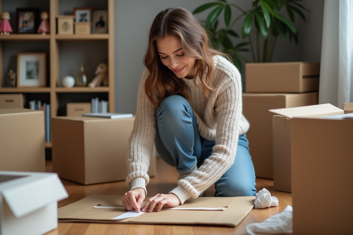 Jeune femme emballant des cartons dans un appartement cosy