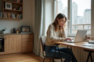Jeune femme concentrée sur son ordinateur dans un studio lumineux