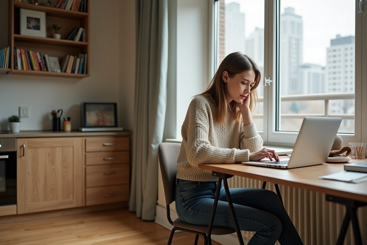 Jeune femme concentrée sur son ordinateur dans un studio lumineux