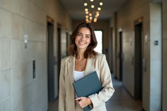 Jeune femme souriante dans un hall d'appartement parisien