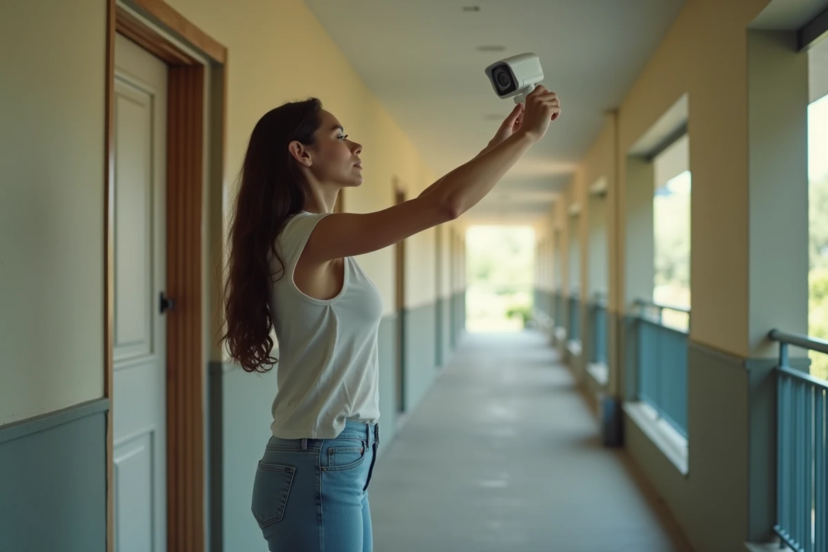 Jeune femme posant une camera de securite dans un couloir