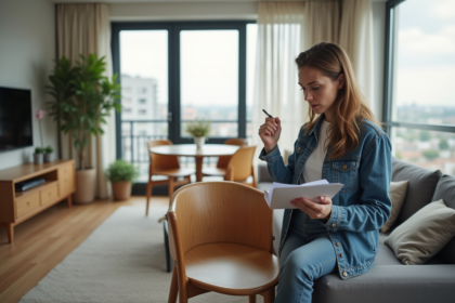 Jeune femme professionnelle examine un meuble abime dans un salon moderne