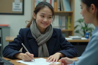 Jeune femme signant des papiers dans un bureau de logement