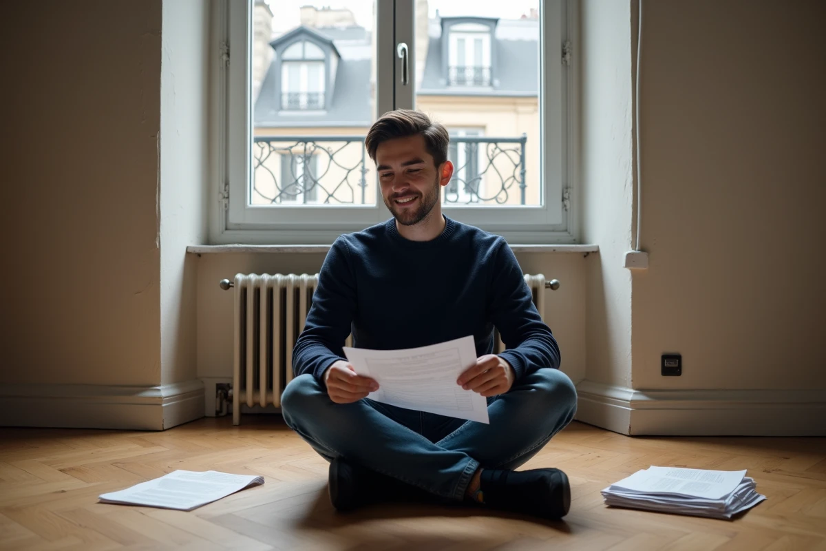 Jeune homme lisant des documents dans un appartement parisien