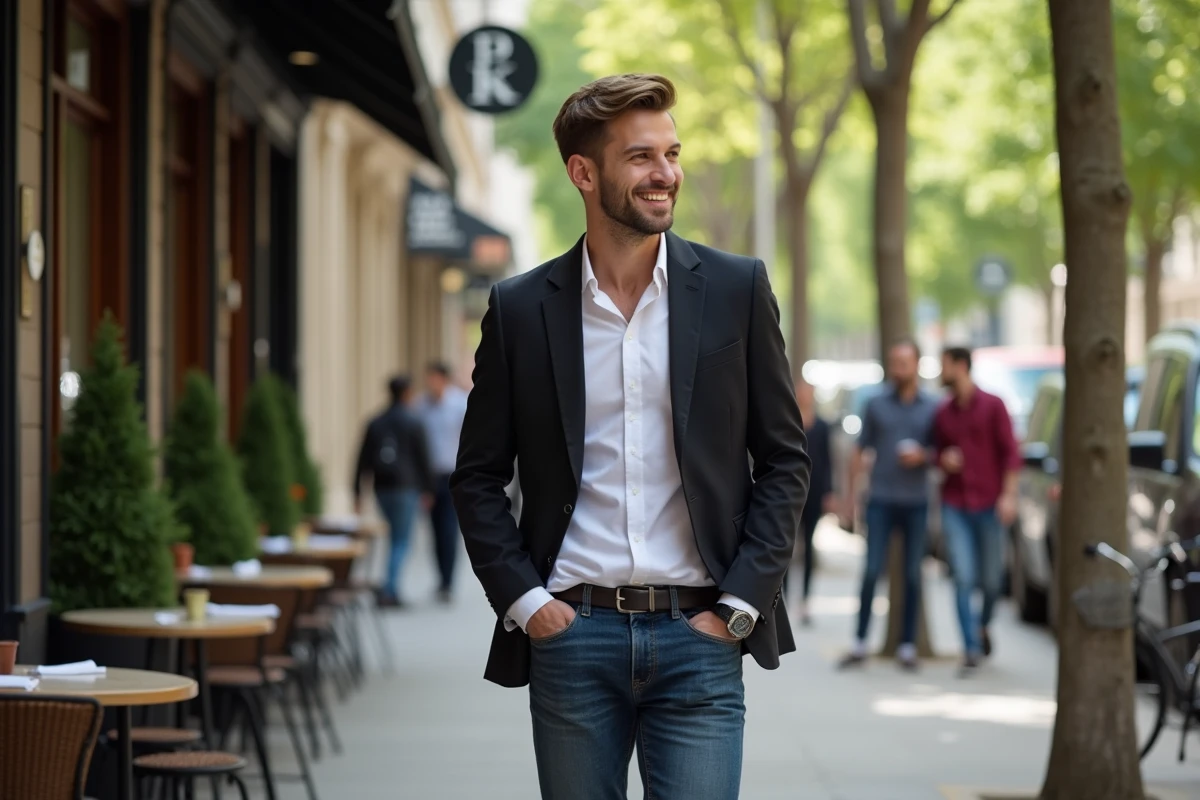 Jeune homme souriant marchant boulevard Saint Germain en Laye