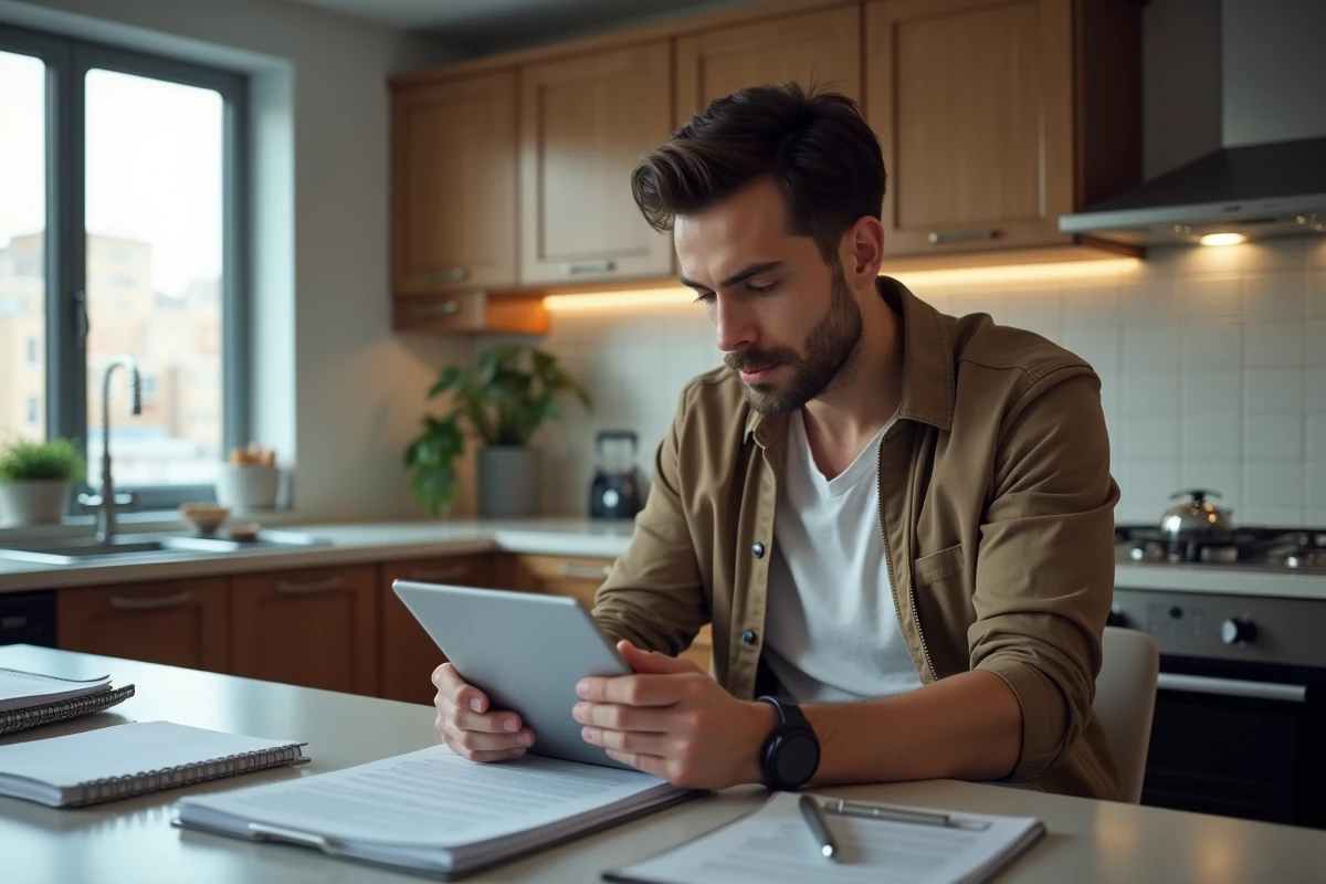 Jeune homme vérifiant un contrat de location dans sa cuisine