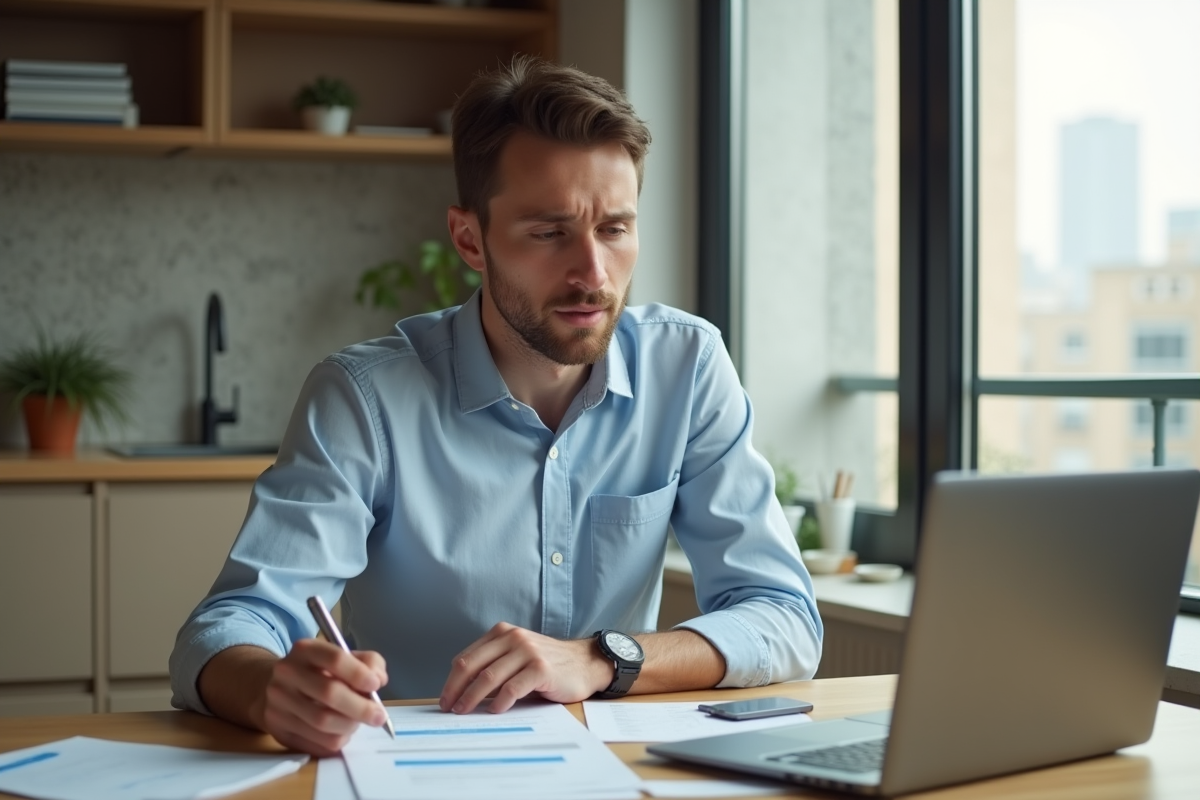 Jeune homme dans son appartement examine des papiers de location